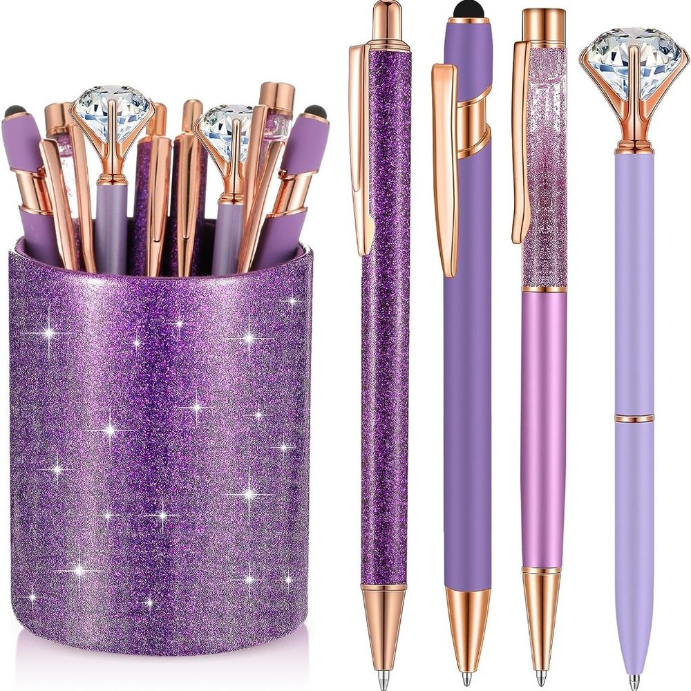 NWT Sparkling Bling Glitter Cup With 8 Ballpoint Pen Set Desk Set + FREE Gift - Picture 6 of 9